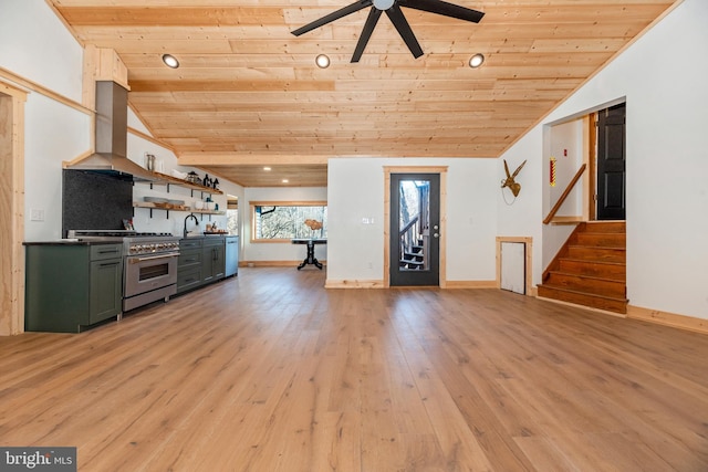 12814 Appel Rd SE, Little Orleans, MD 21766 - unfurnished living room with wood ceiling, stairs, ceiling fan, lofted ceiling, and baseboards