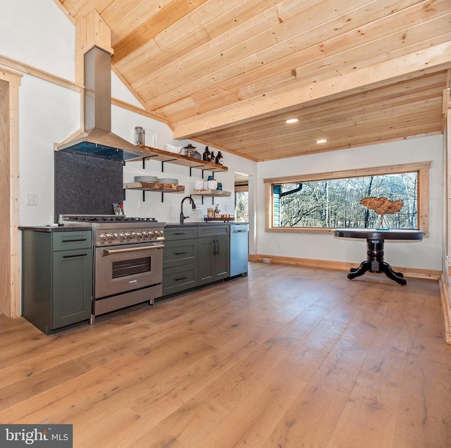 12814 Appel Rd SE, Little Orleans, MD 21766 - kitchen with stainless steel appliances, exhaust hood, wooden ceiling, gray cabinetry, and open shelves