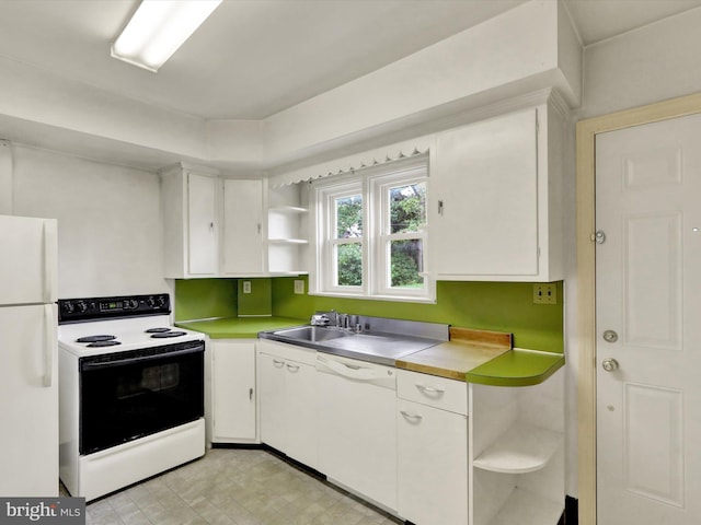 1411 College Ave, Reading, PA 19604 - kitchen with white appliances, open shelves, a sink, and white cabinetry