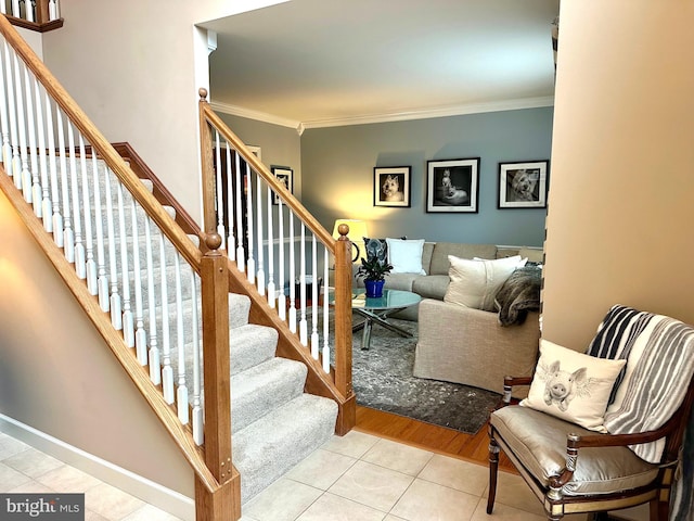 310 Valley Ct, Reading, PA 19608 - staircase with tile patterned flooring, ornamental molding, and baseboards