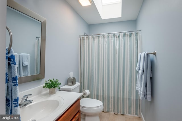 310 Valley Ct, Reading, PA 19608 - full bathroom with a skylight, vanity, tile patterned flooring, toilet, and curtained shower