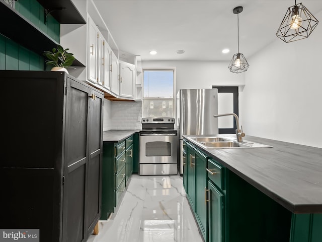 2002 E Preston St, Baltimore, MD 21213 - kitchen featuring green cabinets, electric stove, a sink, light marble finish floors, and recessed lighting