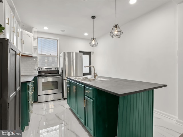 2002 E Preston St, Baltimore, MD 21213 - kitchen featuring green cabinets, stainless steel appliances, light marble finish flooring, a sink, and recessed lighting