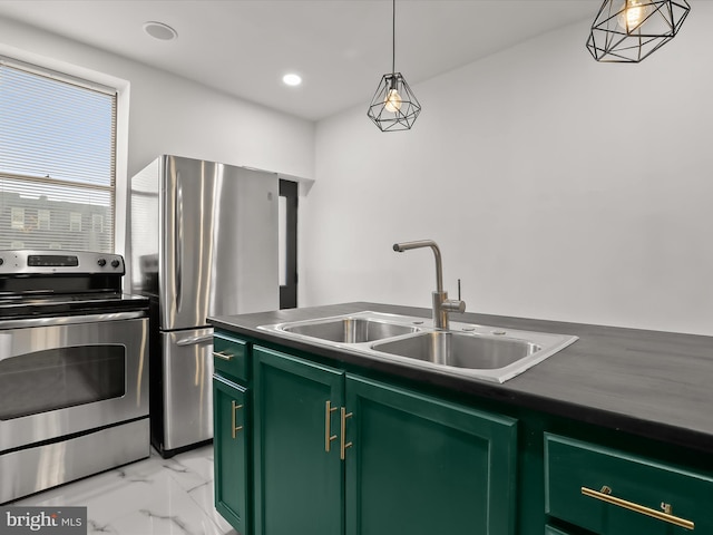 2002 E Preston St, Baltimore, MD 21213 - kitchen featuring stainless steel appliances, green cabinets, a sink, light marble finish floors, and dark countertops