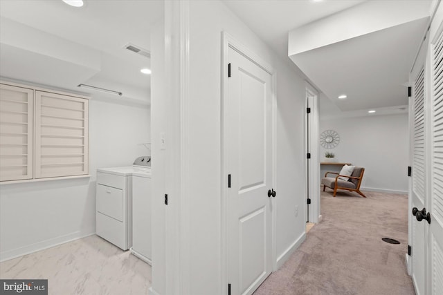 3017 Fulton St, Alexandria, VA 22305 - laundry room featuring recessed lighting, washer and clothes dryer, and light colored carpet