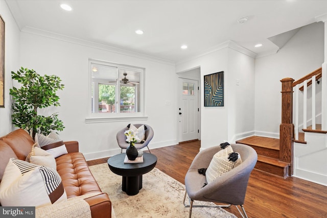 3017 Fulton St, Alexandria, VA 22305 - living area featuring stairs, wood finished floors, recessed lighting, and ornamental molding