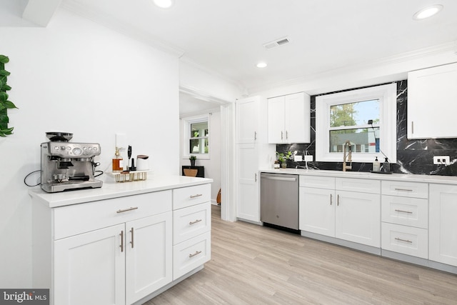 2920 Weisman Rd, Silver Spring, MD 20902 - kitchen featuring stainless steel dishwasher, ornamental molding, a sink, tasteful backsplash, and recessed lighting