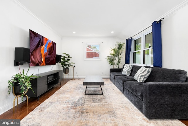 2920 Weisman Rd, Silver Spring, MD 20902 - living area featuring wood finished floors, ornamental molding, baseboards, and recessed lighting
