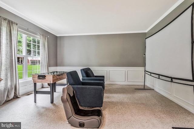 141 Lorins Dr, Huntingtown, MD 20639 - sitting room with crown molding, carpet floors, a decorative wall, and a wainscoted wall
