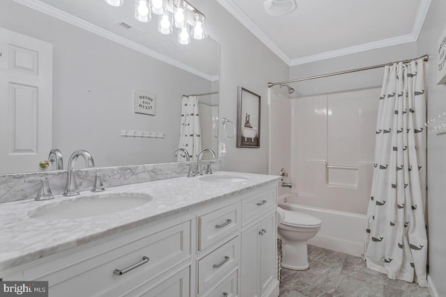 141 Lorins Dr, Huntingtown, MD 20639 - full bathroom featuring shower / tub combo, toilet, crown molding, and double vanity
