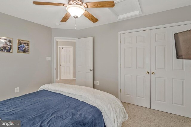 141 Lorins Dr, Huntingtown, MD 20639 - bedroom with attic access, ceiling fan, a closet, and light colored carpet