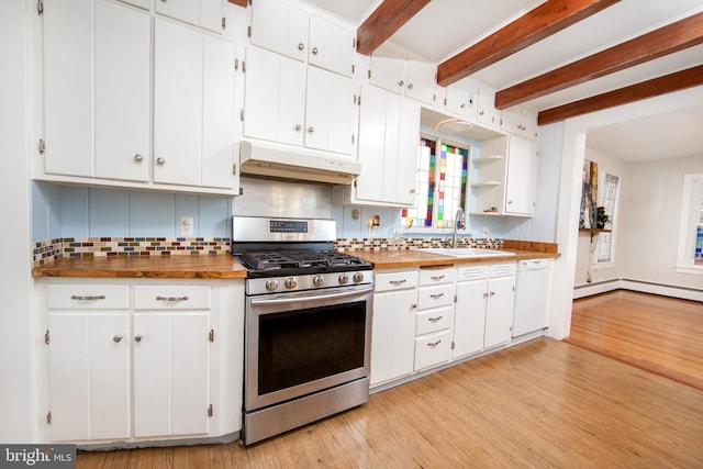 8 S Main St, Stockton, NJ 08559 - kitchen featuring stainless steel gas stove, under cabinet range hood, a sink, white dishwasher, and beam ceiling