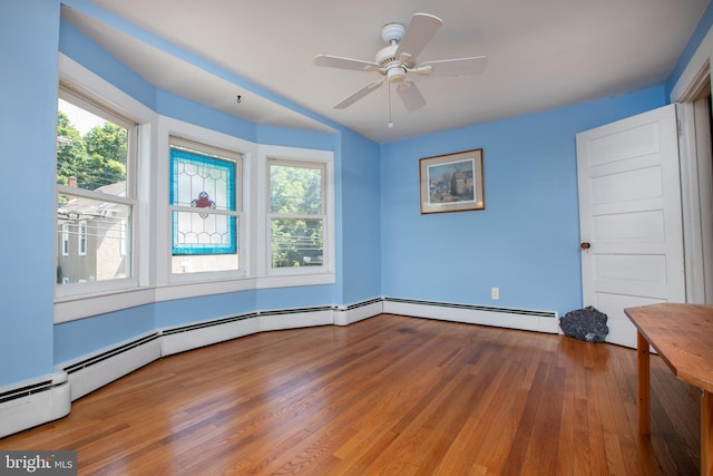 8 S Main St, Stockton, NJ 08559 - unfurnished room featuring a baseboard heating unit, wood finished floors, and a ceiling fan