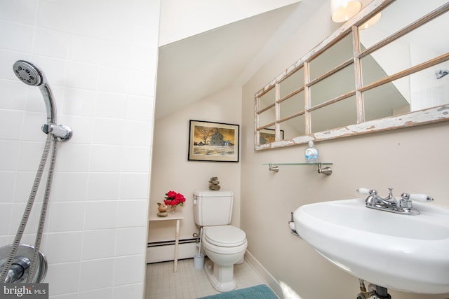 8 S Main St, Stockton, NJ 08559 - bathroom with a baseboard radiator, toilet, a sink, tile patterned floors, and vaulted ceiling