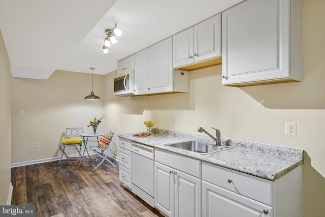 8230 Citadel Pl, Vienna, VA 22180 - kitchen with white appliances, a sink, white cabinetry, dark wood-style flooring, and baseboards