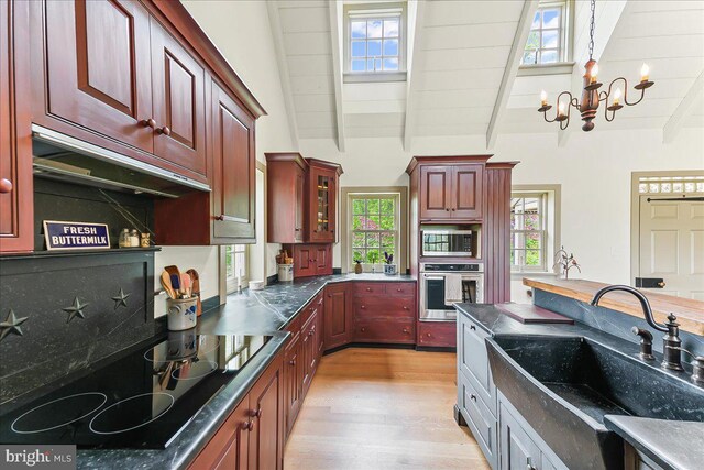 103 Orchard Hill Ln, Elverson, PA 19520 - kitchen with stainless steel appliances, under cabinet range hood, a sink, a chandelier, and light wood-style floors
