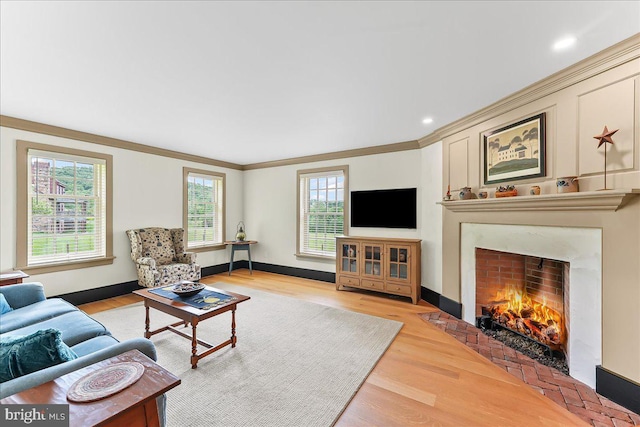 103 Orchard Hill Ln, Elverson, PA 19520 - living area with a fireplace with flush hearth, crown molding, baseboards, and light wood-style floors