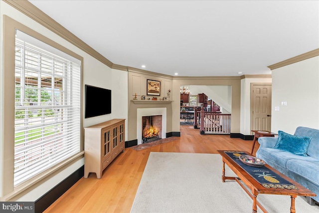 103 Orchard Hill Ln, Elverson, PA 19520 - living area featuring ornamental molding, light wood-type flooring, recessed lighting, baseboards, and a fireplace with flush hearth