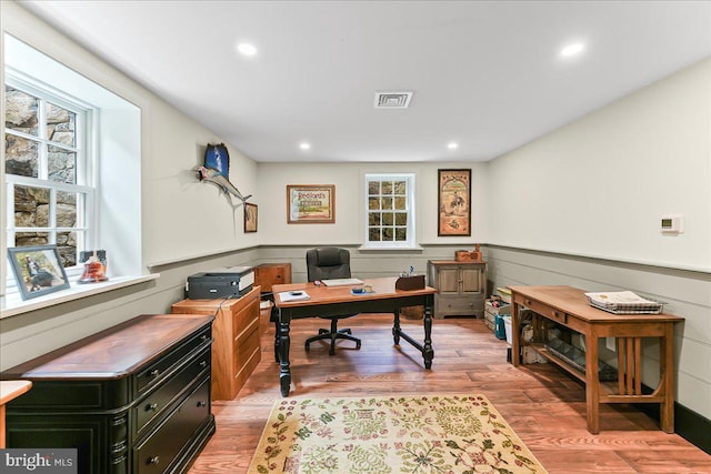 103 Orchard Hill Ln, Elverson, PA 19520 - home office with healthy amount of natural light, light wood-style flooring, wainscoting, and recessed lighting