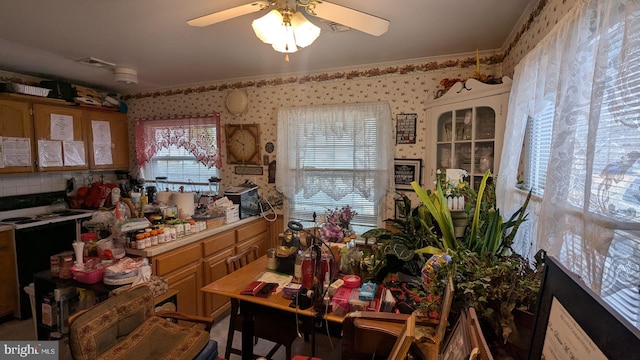 71 Shawmont Ln, Willingboro, NJ 08046 - dining area with wallpapered walls, a ceiling fan, and crown molding