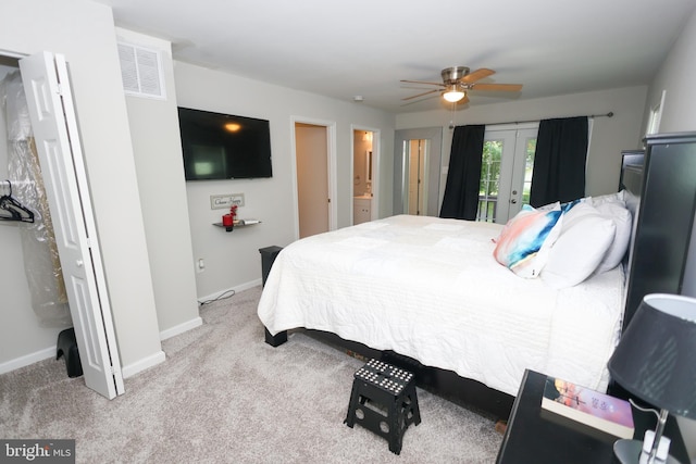 1675 Highland Ter, Saint Leonard, MD 20685 - carpeted bedroom with french doors, access to exterior, baseboards, and a ceiling fan