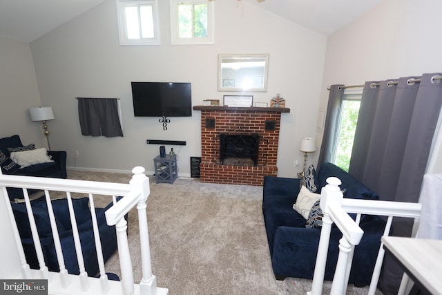 1675 Highland Ter, Saint Leonard, MD 20685 - living room with carpet flooring, a brick fireplace, plenty of natural light, and high vaulted ceiling