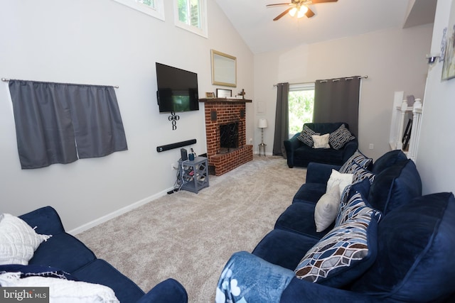 1675 Highland Ter, Saint Leonard, MD 20685 - living room featuring carpet floors, high vaulted ceiling, a ceiling fan, a brick fireplace, and baseboards