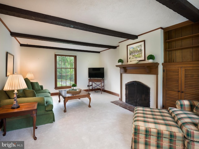 5 Salem Way, Malvern, PA 19355 - living area featuring beamed ceiling, baseboards, carpet flooring, a fireplace with flush hearth, and a textured ceiling
