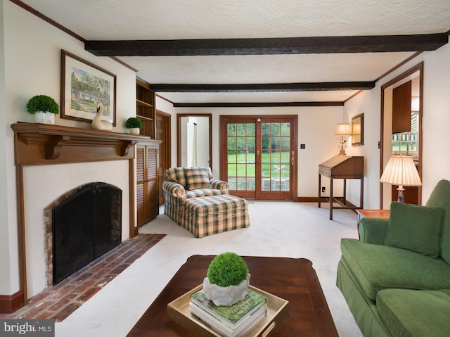 5 Salem Way, Malvern, PA 19355 - carpeted living room with a fireplace with flush hearth, beam ceiling, ornamental molding, baseboards, and a textured ceiling