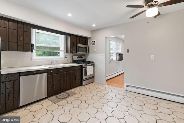 2958 Hannah Ave, Norristown, PA 19401 - kitchen with appliances with stainless steel finishes, a sink, baseboard heating, dark brown cabinetry, and recessed lighting