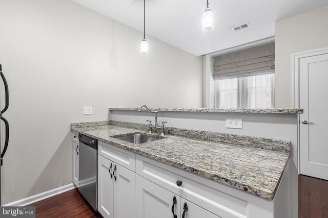 1811 Chestnut St Unit 104, Philadelphia, PA 19103 - kitchen featuring a sink, dishwasher, baseboards, white cabinetry, and light stone counters