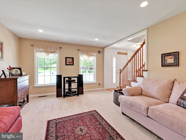15 Behrens Dr, Palmyra, PA 17078 - carpeted living room featuring recessed lighting, baseboards, and stairway