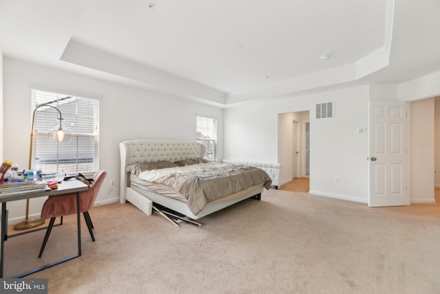 5809 Savannah Dr, Brandywine, MD 20613 - bedroom featuring a tray ceiling, light colored carpet, and baseboards
