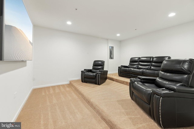 5809 Savannah Dr, Brandywine, MD 20613 - home theater room featuring light carpet, recessed lighting, baseboards, and electric panel