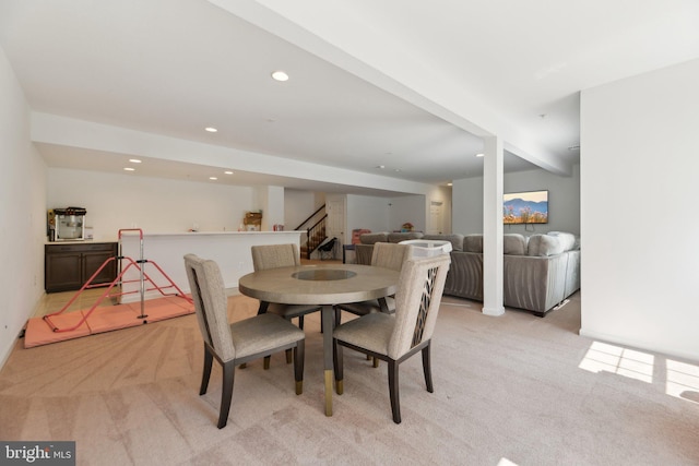5809 Savannah Dr, Brandywine, MD 20613 - dining area with light carpet, stairs, a bar, and recessed lighting