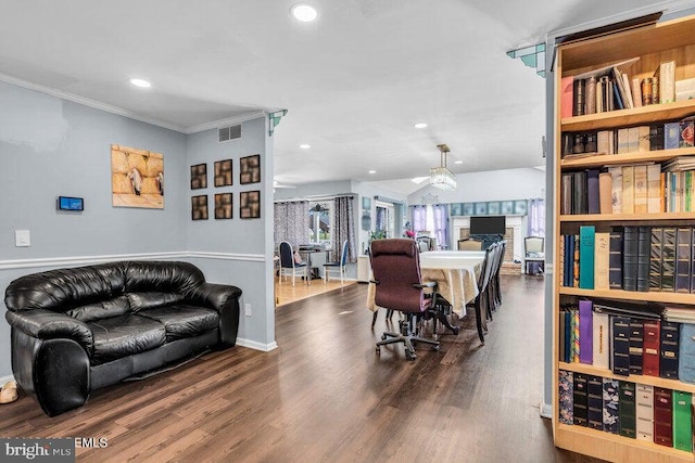 1177 Aster Dr, Toms River, NJ 08753 - dining space featuring wood finished floors, a ceiling fan, crown molding, lofted ceiling, and recessed lighting