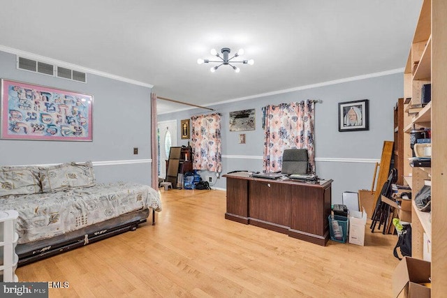 1177 Aster Dr, Toms River, NJ 08753 - bedroom featuring ornamental molding, wood finished floors, a chandelier, and an office area