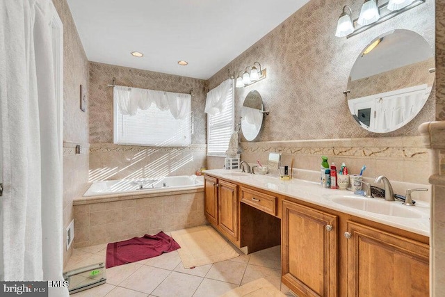 1177 Aster Dr, Toms River, NJ 08753 - full bath featuring tile patterned flooring, a bath, double vanity, and wallpapered walls