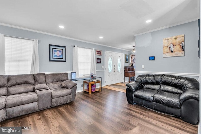 1177 Aster Dr, Toms River, NJ 08753 - living area with ornamental molding, wood finished floors, and recessed lighting