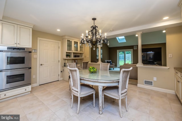 23 Street Rd, Newtown Square, PA 19073 - dining area featuring a chandelier, recessed lighting, decorative columns, baseboards, and light tile patterned flooring