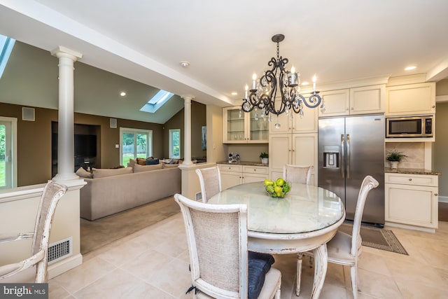 23 Street Rd, Newtown Square, PA 19073 - dining space featuring decorative columns, light tile patterned flooring, a chandelier, and recessed lighting