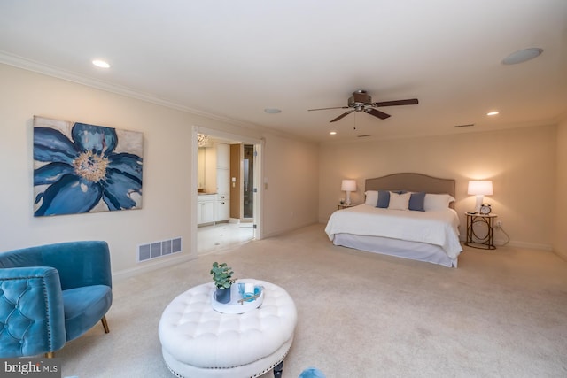 23 Street Rd, Newtown Square, PA 19073 - bedroom with light colored carpet, recessed lighting, baseboards, crown molding, and a ceiling fan