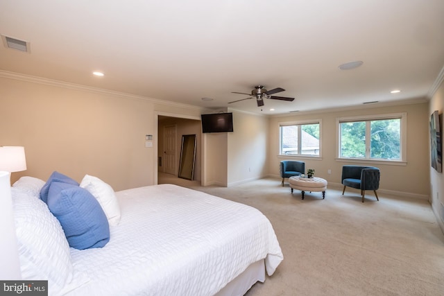 23 Street Rd, Newtown Square, PA 19073 - bedroom with ornamental molding, light colored carpet, baseboards, recessed lighting, and ceiling fan