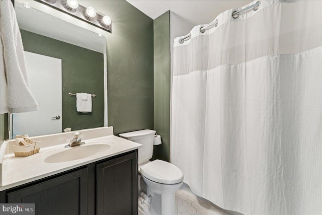 963 Breakwater Dr, Annapolis, MD 21403 - bathroom with toilet, vanity, tile patterned floors, and curtained shower