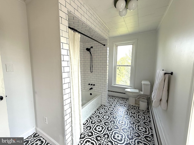 726 E Main St, Lock Haven, PA 17745 - full bathroom featuring shower / bath combo with shower curtain, baseboard heating, a baseboard radiator, tile patterned flooring, and ornamental molding