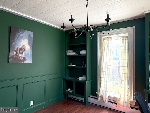 726 E Main St, Lock Haven, PA 17745 - unfurnished dining area with dark wood-style flooring, a chandelier, built in shelves, and a decorative wall