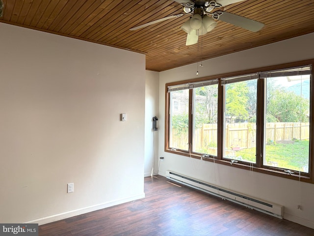 726 E Main St, Lock Haven, PA 17745 - empty room featuring a baseboard heating unit, wooden ceiling, a ceiling fan, and wood finished floors