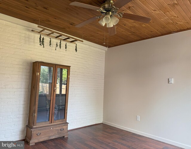 726 E Main St, Lock Haven, PA 17745 - empty room featuring wood ceiling, wood finished floors, brick wall, and ceiling fan
