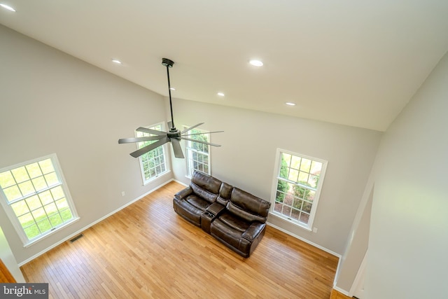 11 Adams Ct, Plainsboro, NJ 08536 - living area featuring high vaulted ceiling, light wood-type flooring, baseboards, ceiling fan, and recessed lighting
