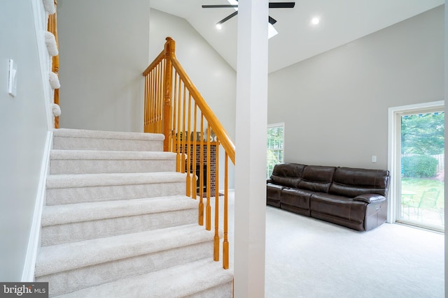 11 Adams Ct, Plainsboro, NJ 08536 - stairs featuring ceiling fan, carpet flooring, and high vaulted ceiling